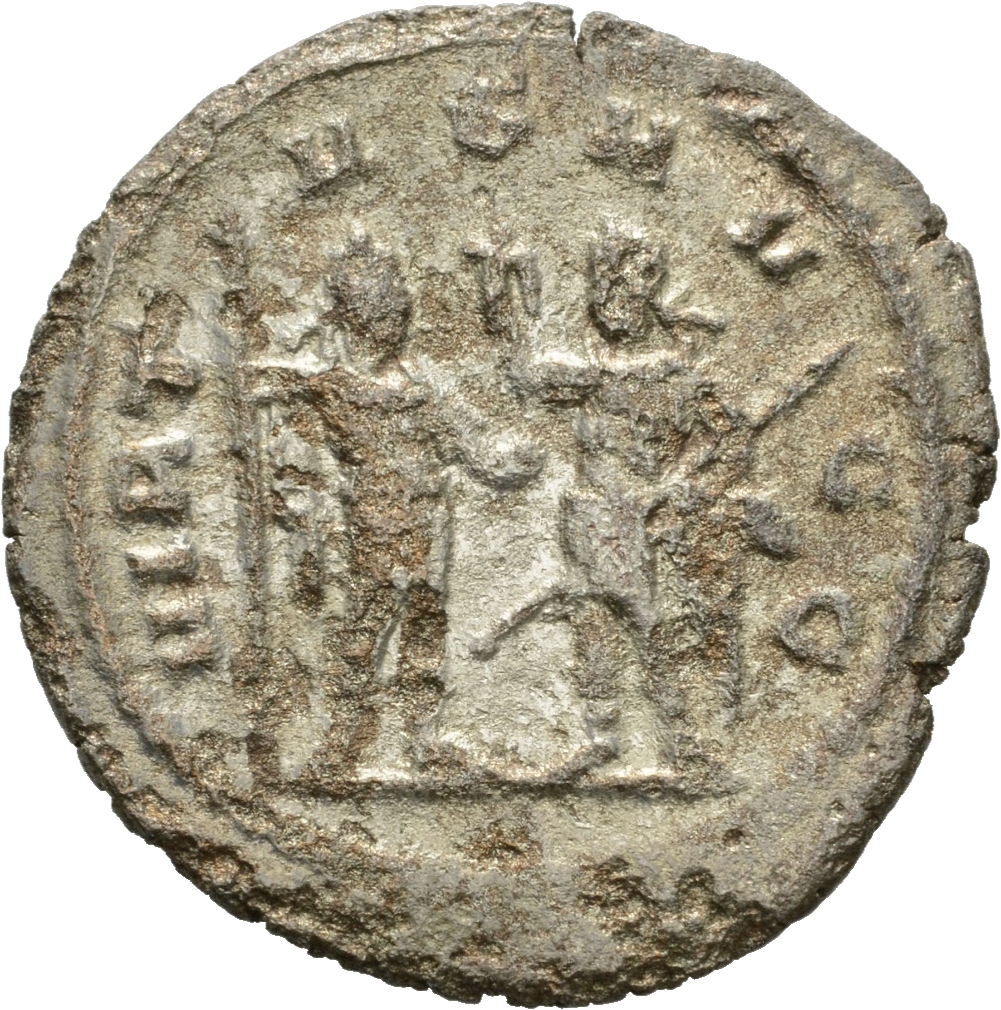 RIC V Gallienus (joint reign) 456 Valerian reverse, Gallienus and Valerian, in military attire, standing face to face, one...