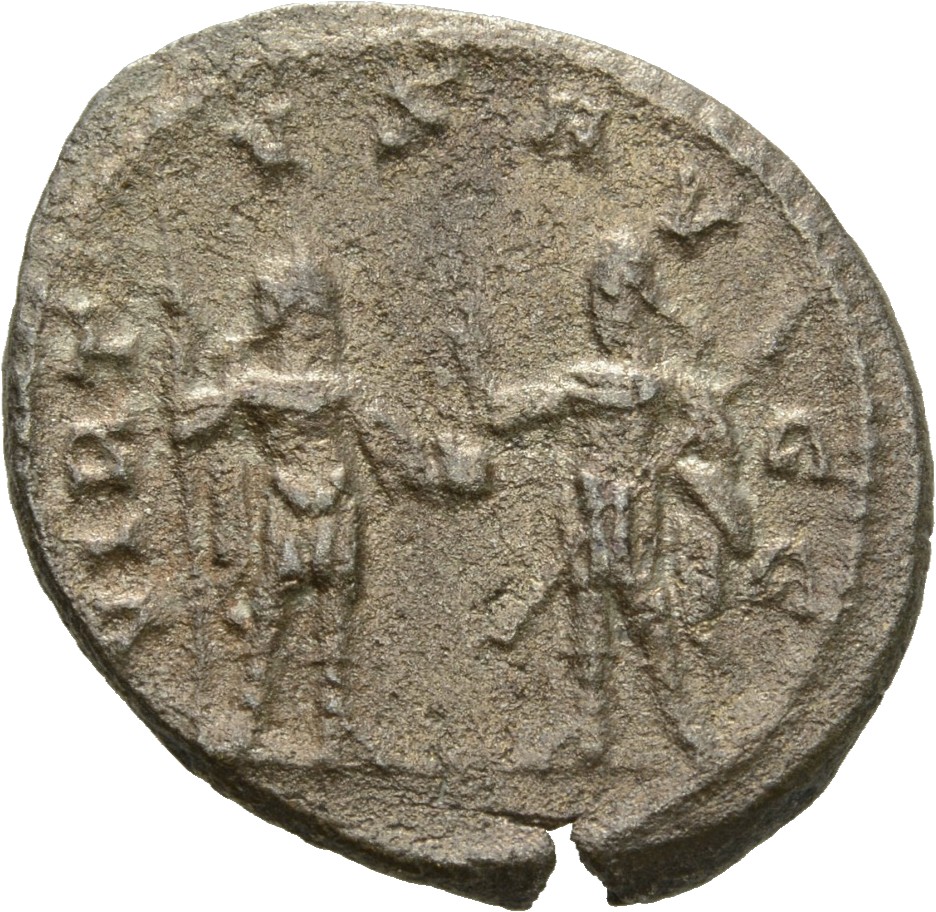 RIC V Gallienus (joint reign) 456a Valerian reverse, Gallienus and Valerian, in military attire, standing face to face, on...