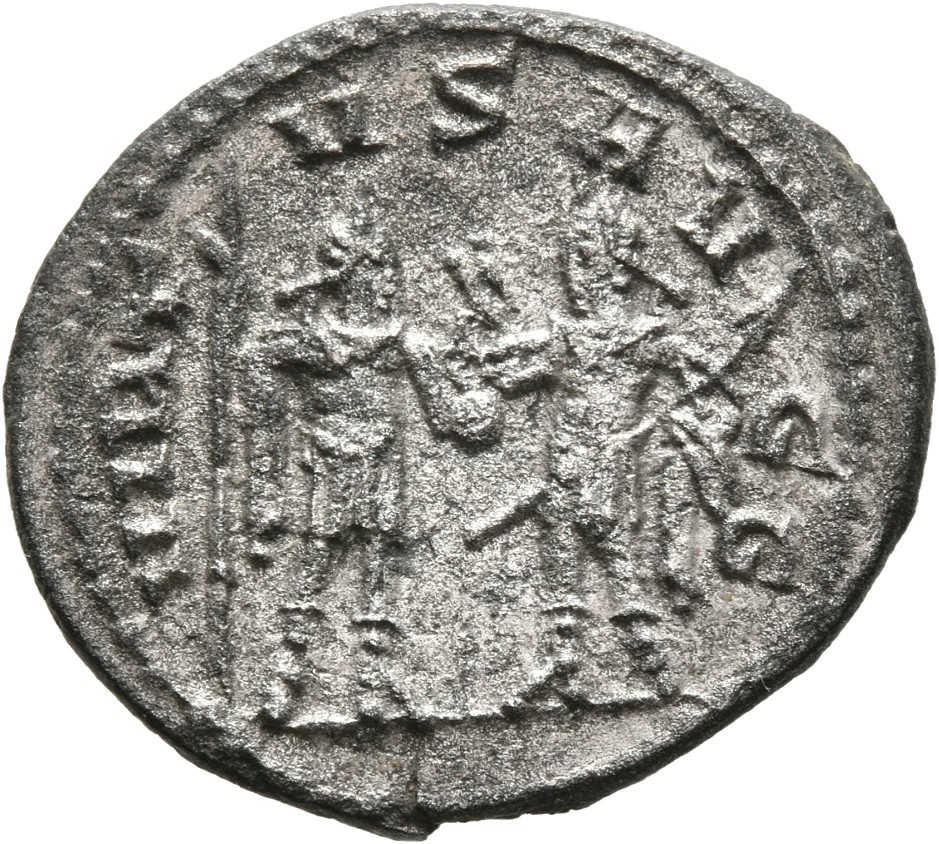RIC V Gallienus (joint reign) 456a Valerian reverse, Gallienus and Valerian, in military attire, standing face to face, on...