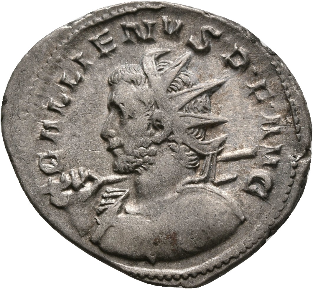 RIC V Gallienus (joint reign) 49(a) Valerian obverse, Bust of Gallienus, radiate, left, holding spear in right hand and sh...