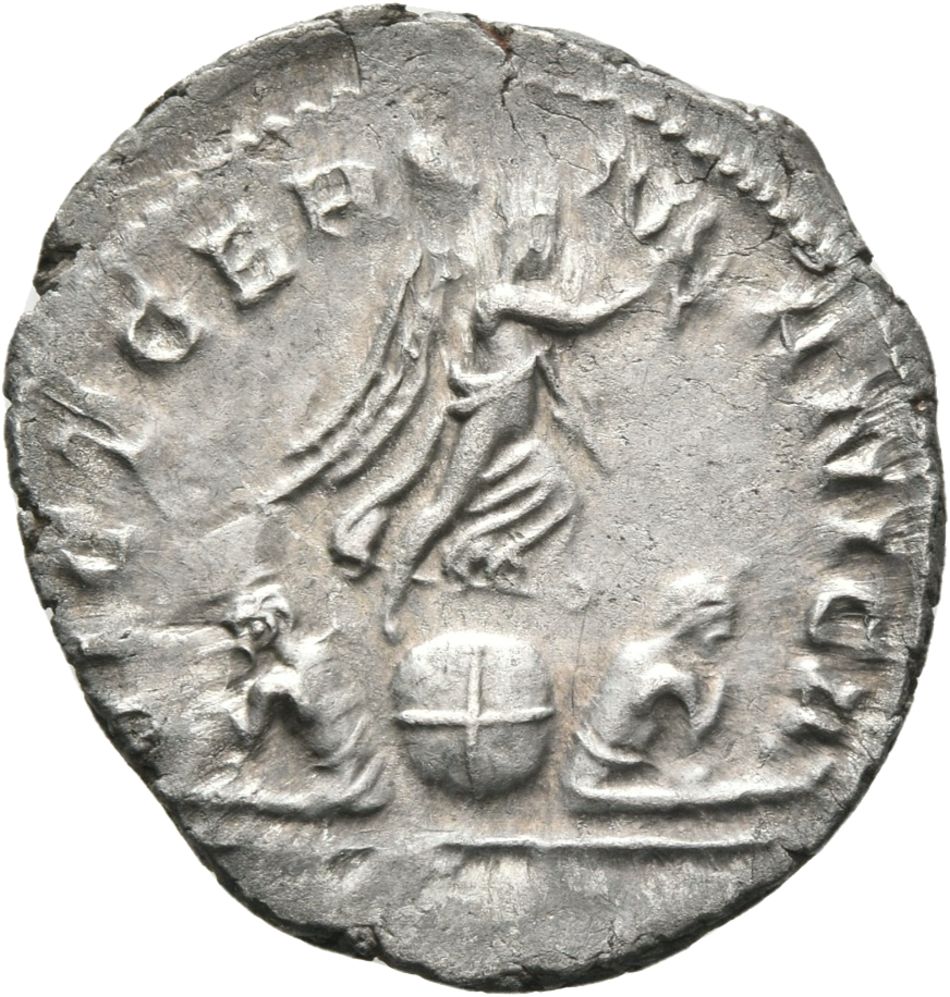 RIC V Gallienus (joint reign) 49 Valerian reverse, Victory, winged, draped, standing on globe; flanked on each side by cap...