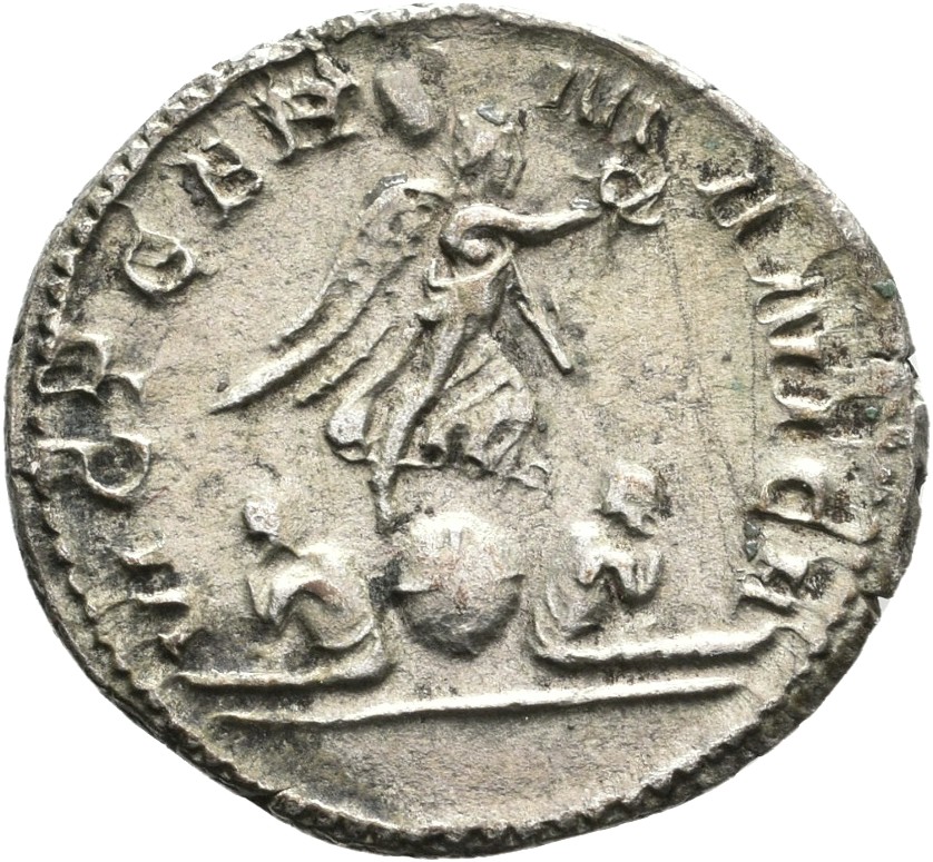 RIC V Gallienus (joint reign) 49 Valerian reverse, Victory, winged, draped, standing on globe; flanked on each side by cap...