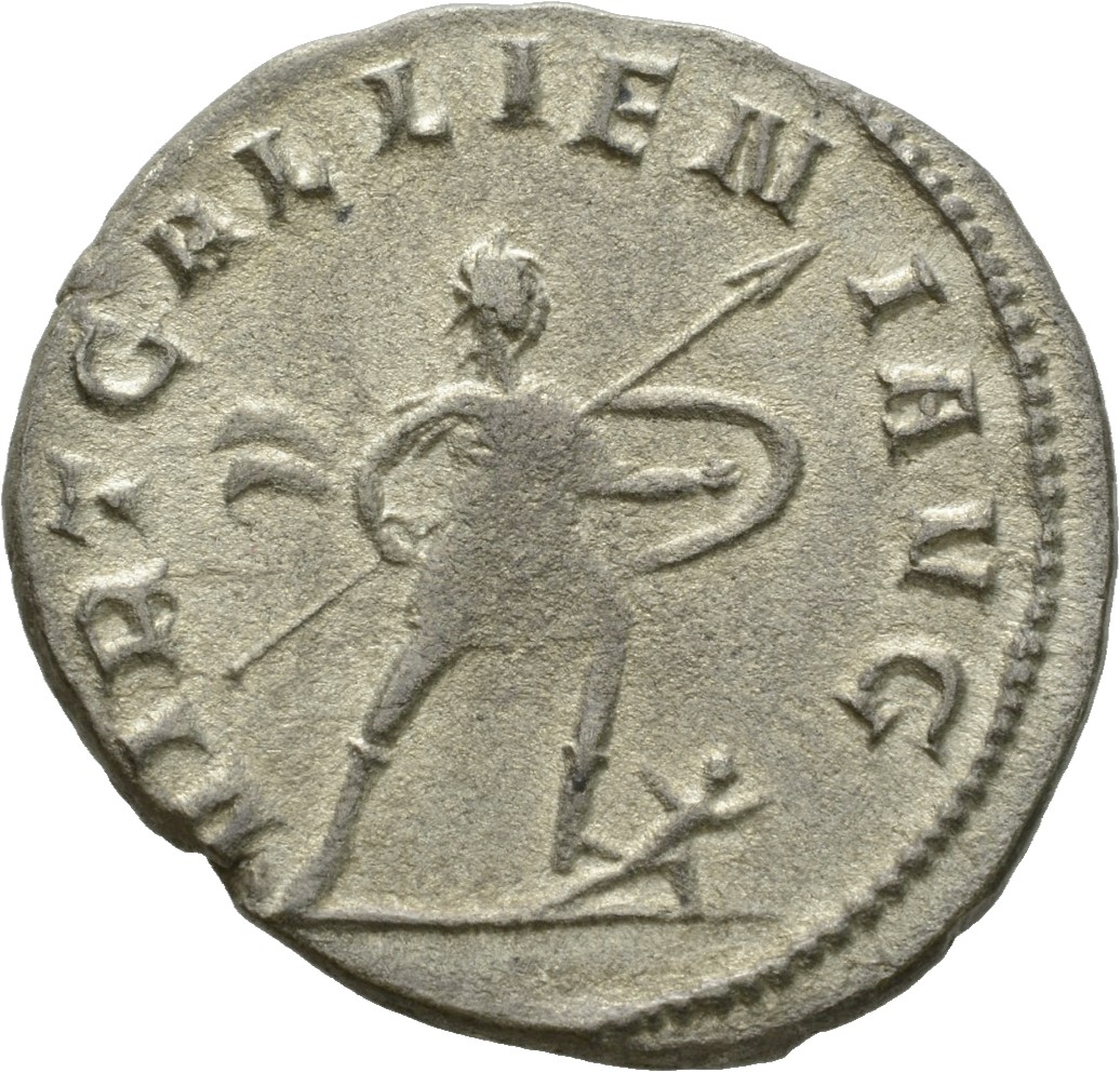 RIC V Gallienus (joint reign) 53 Valerian reverse, Gallienus, in military attire, walking right, treading down enemy