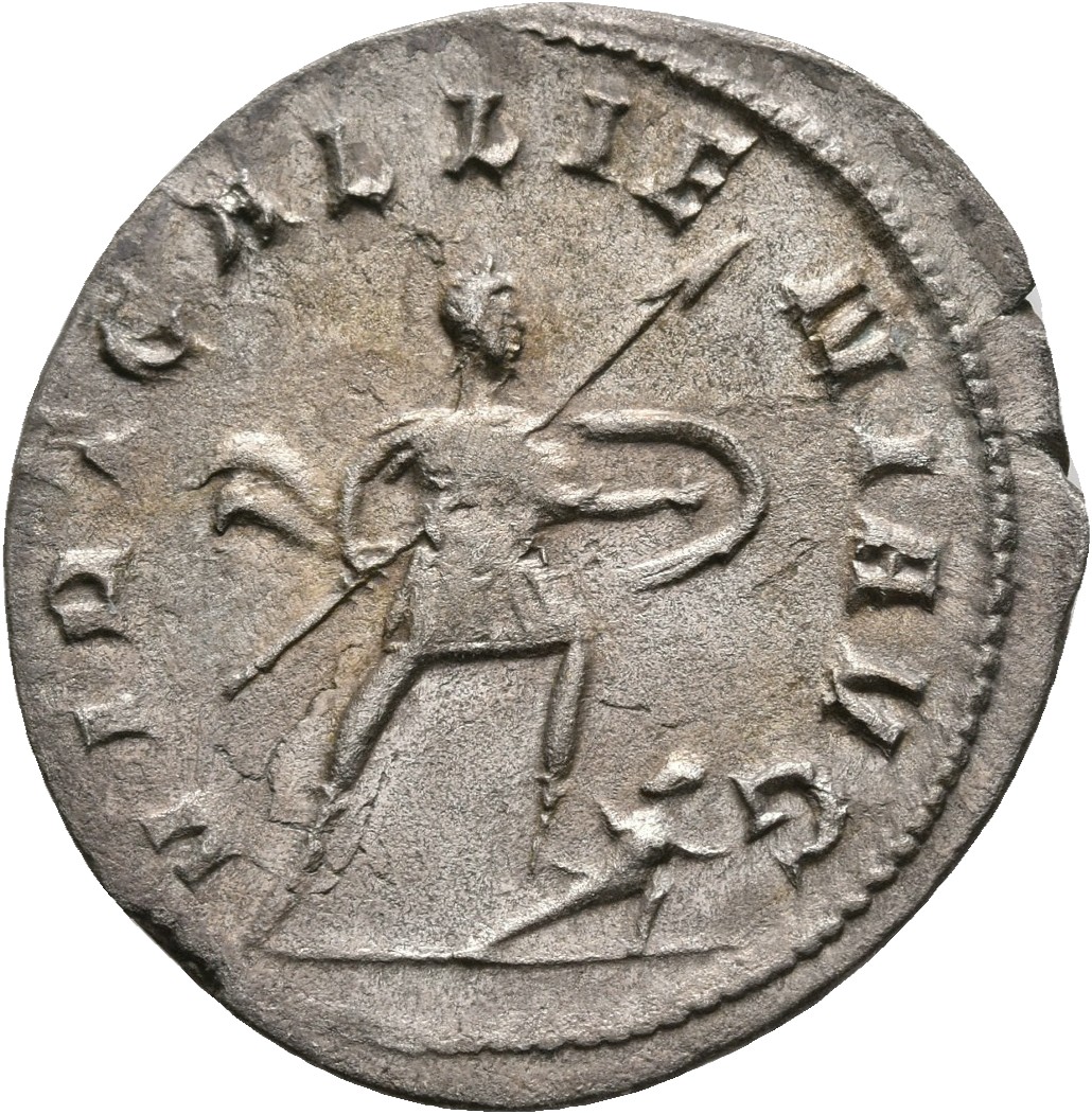 RIC V Gallienus (joint reign) 53 Valerian reverse, Gallienus, in military attire, walking right, treading down enemy
