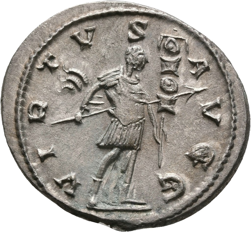 RIC V Gallienus (joint reign) 58c Valerian reverse, Gallienus, in military attire, standing left, holding spear in right h...