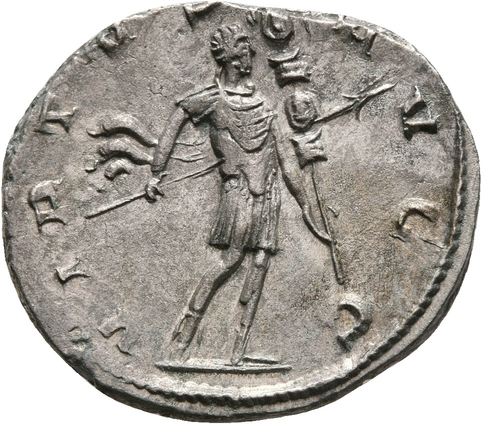 RIC V Gallienus (joint reign) 58c Valerian reverse, Gallienus, in military attire, standing left, holding spear in right h...