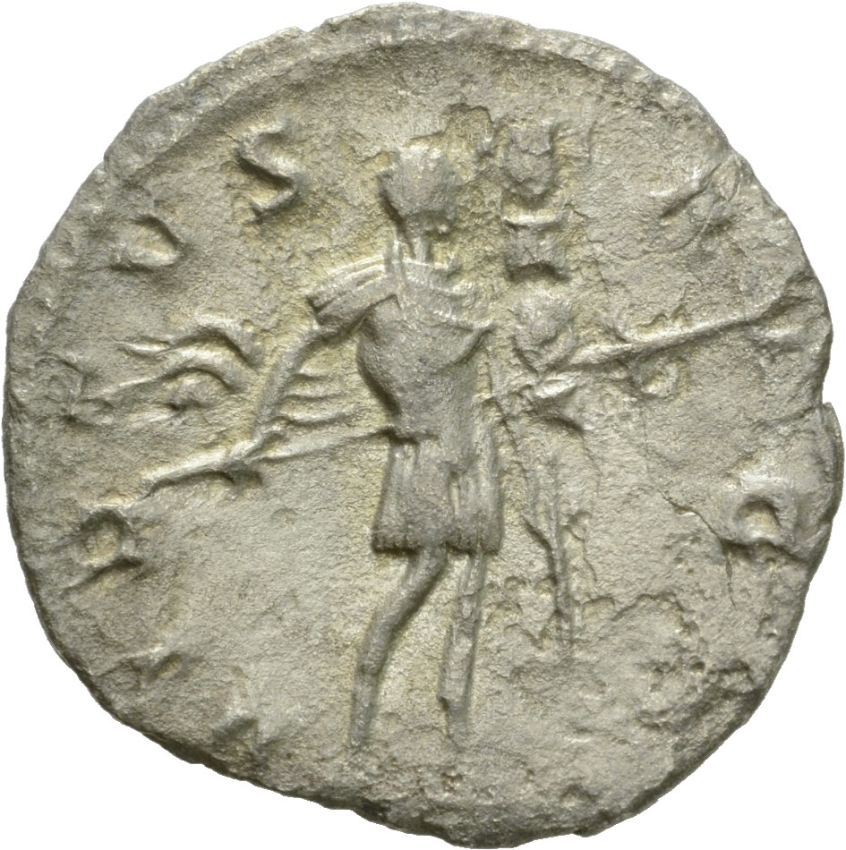 RIC V Gallienus (joint reign) 58f Valerian reverse, Gallienus, in military attire, standing left, holding spear in right h...