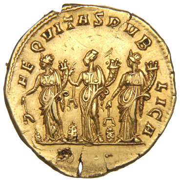 RIC V Gallienus 1 Gallienus reverse, Tres Monetae, draped, standing, each holding scales in right hand and cornucopiae in ...