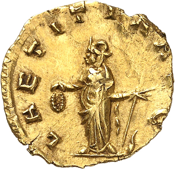 RIC V Gallienus 110 Gallienus reverse, Laetitia, draped, standing left, holding wreath in right hand and anchor in left hand