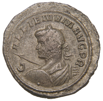 RIC V Gallienus 144 Gallienus obverse, Bust of Gallienus, laureate, draped, left, holding spear left and shield