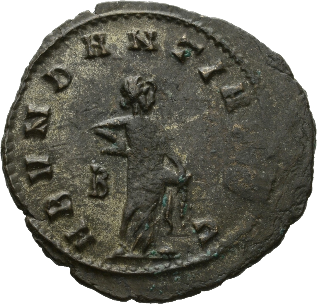 RIC V Gallienus 157 Gallienus reverse, Abundantia, draped, standing right, emptying cornucopiae