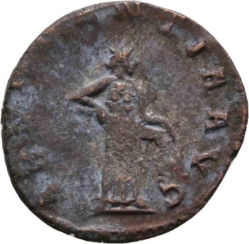RIC V Gallienus 157k Gallienus reverse, Abundantia, draped, standing right, emptying cornucopiae