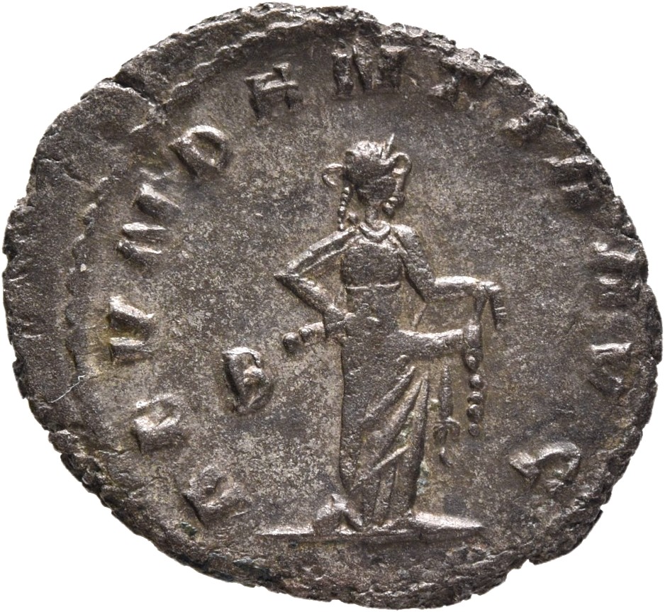 RIC V Gallienus 157k Gallienus reverse — Abundantia, draped, standing right, emptying cornucopiae