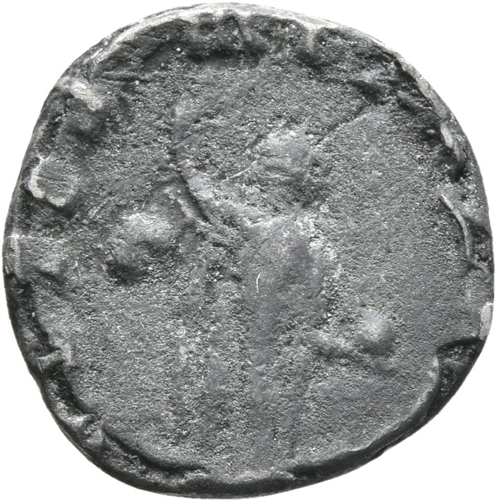RIC V Gallienus 160 Gallienus reverse — Sol, radiate, nude except for cloak draped over shoulders, standing left, raising ...