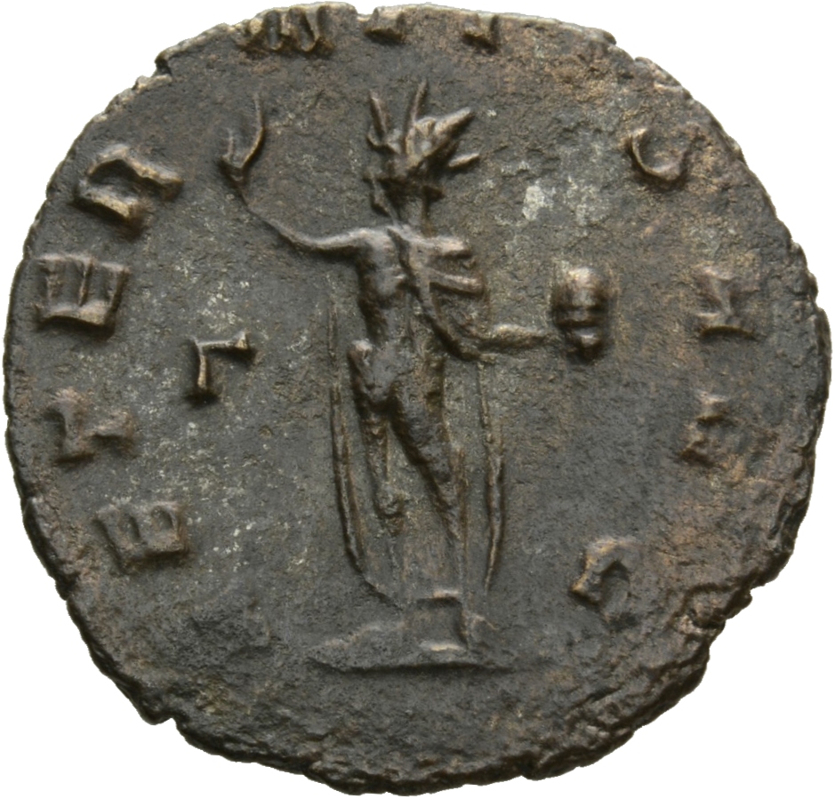 RIC V Gallienus 160k: Subtype 1 Gallienus reverse, Sol, radiate, nude except for cloak draped over shoulders, standing lef...