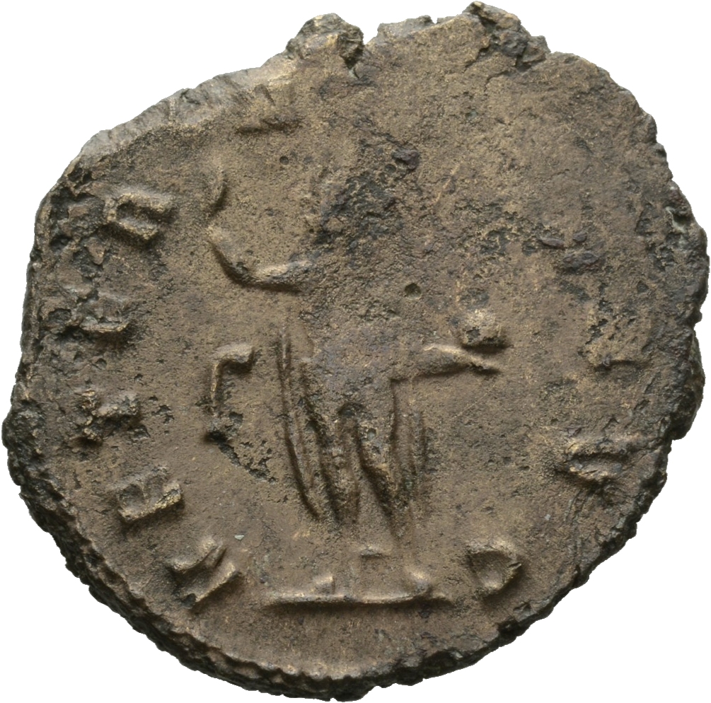 Gallienus reverse — Sol, radiate, nude except for cloak draped over shoulders, standing left, raising right hand and holding globe in left hand