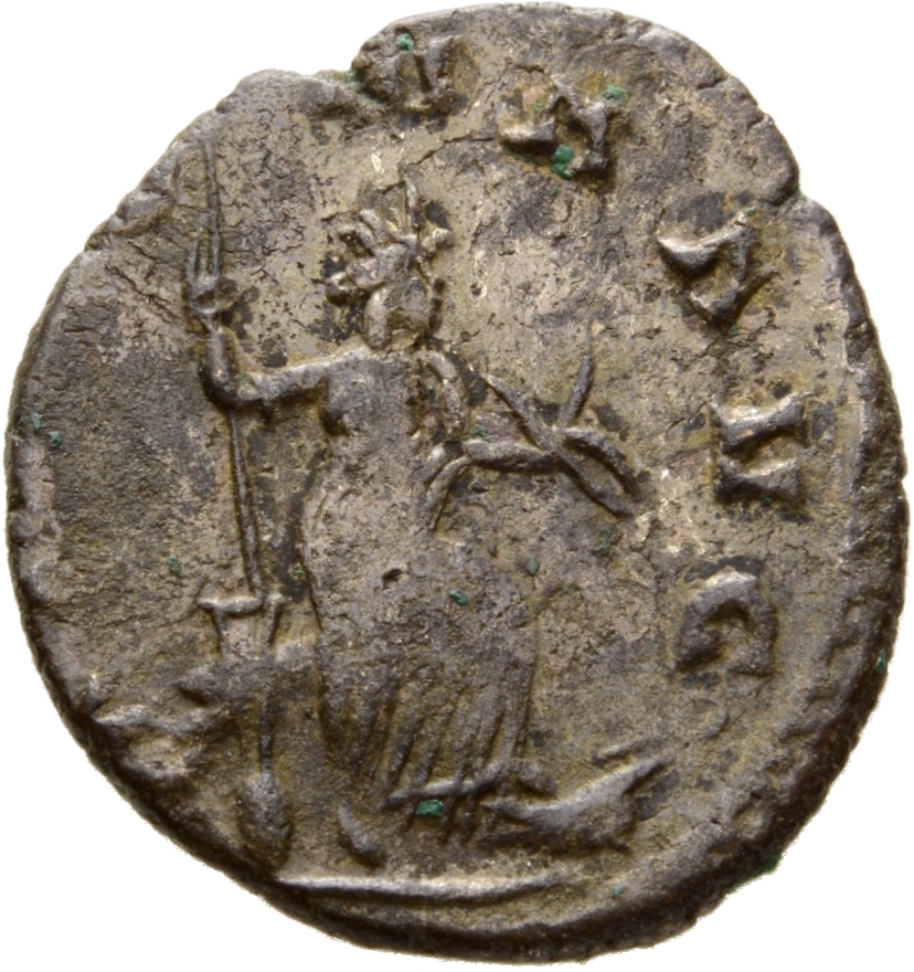 Gallienus reverse — Abundantia, draped, standing right on prow, holding rudder in right hand and corn-ears in left hand