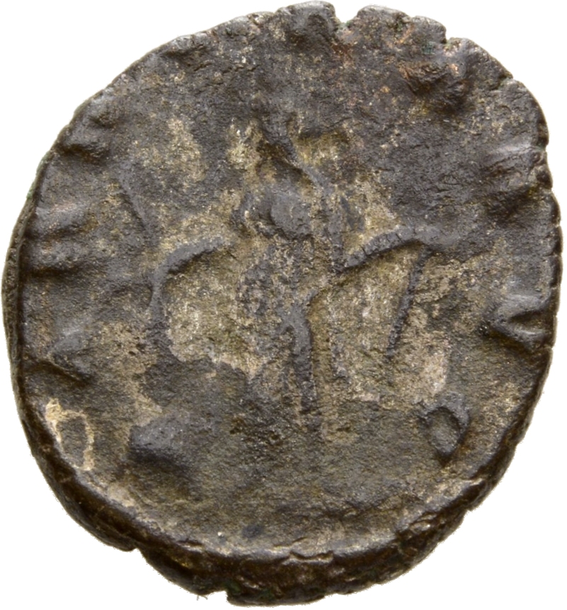Gallienus reverse — Abundantia, draped, standing left, holding corn-ears in right hand and anchor or horn in left hand; at her feet, modius