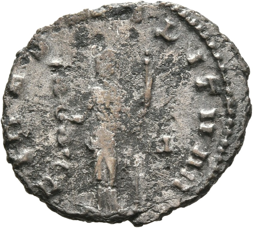 RIC V Gallienus 192Ak: Subtype 1 Gallienus reverse, Fides, draped, standing left, holding ensign in right hand and sceptre...