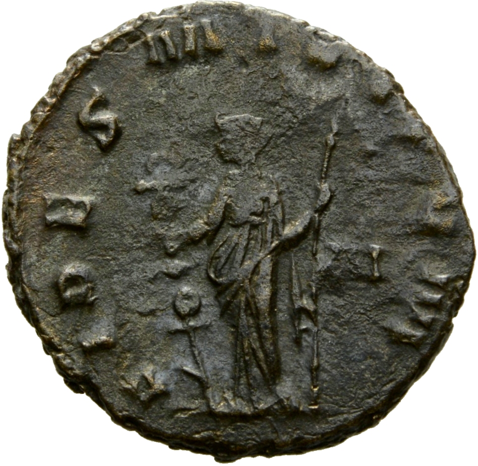 Gallienus reverse — Fides, draped, standing left, holding ensign in right hand and sceptre in left hand