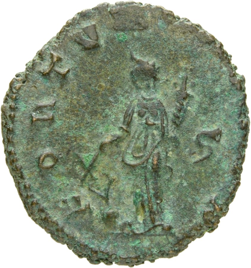 RIC V Gallienus 193f: Subtype 2 Gallienus reverse, Fortuna, draped, standing left, holding rudder in right hand and cornuc...