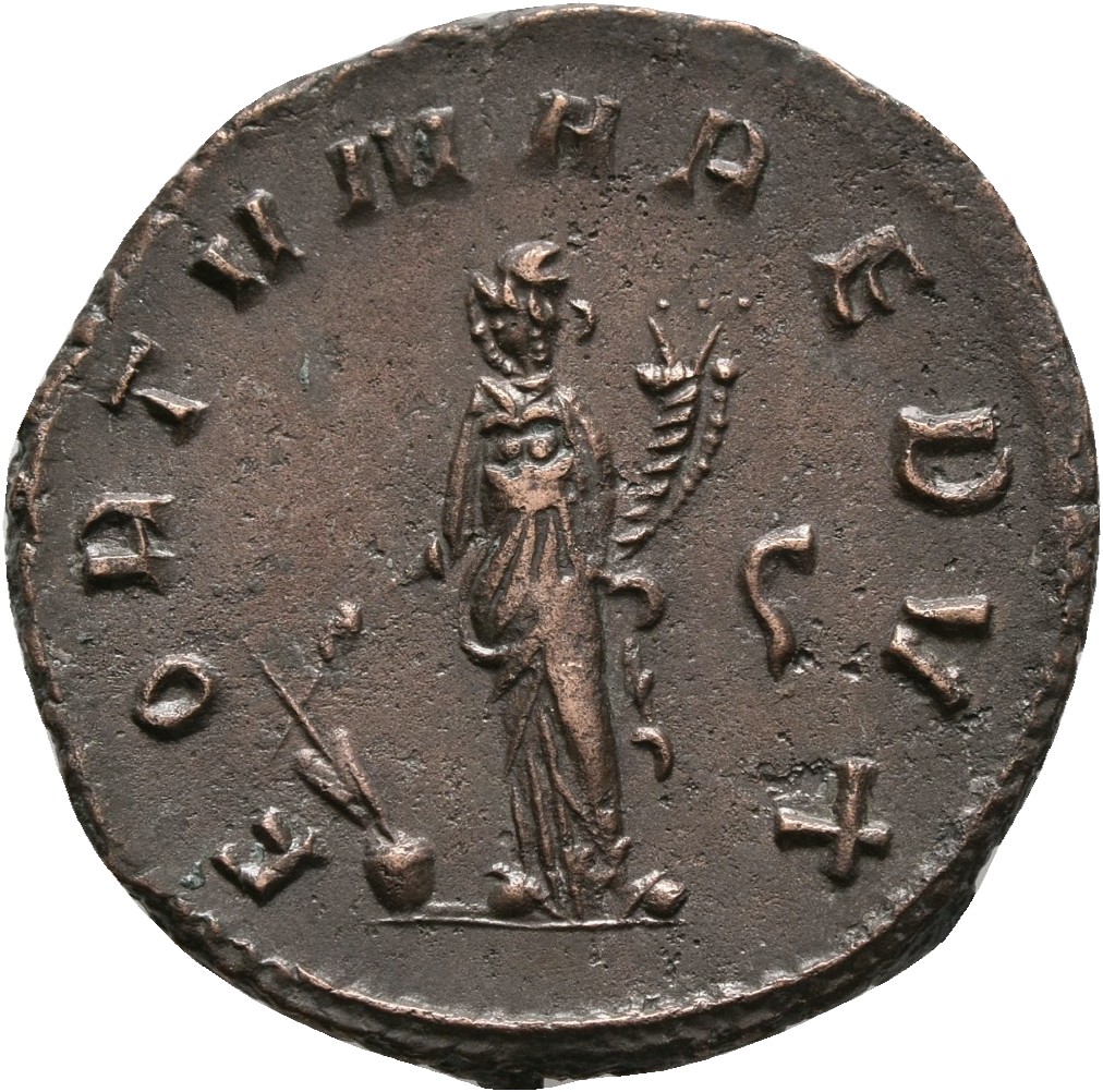 RIC V Gallienus 193l: Subtype 2 Gallienus reverse, Fortuna, draped, standing left, holding rudder in right hand and cornuc...