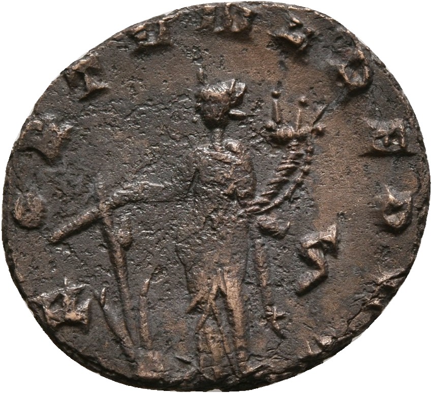 RIC V Gallienus 193l: Subtype 2 Gallienus reverse — Fortuna, draped, standing left, holding rudder in right hand and cornu...