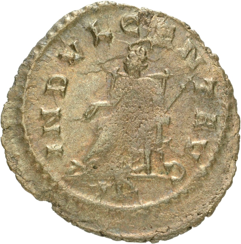 Gallienus reverse — Indulgentia, draped, seated left, holding branch in right hand and sceptre in left hand