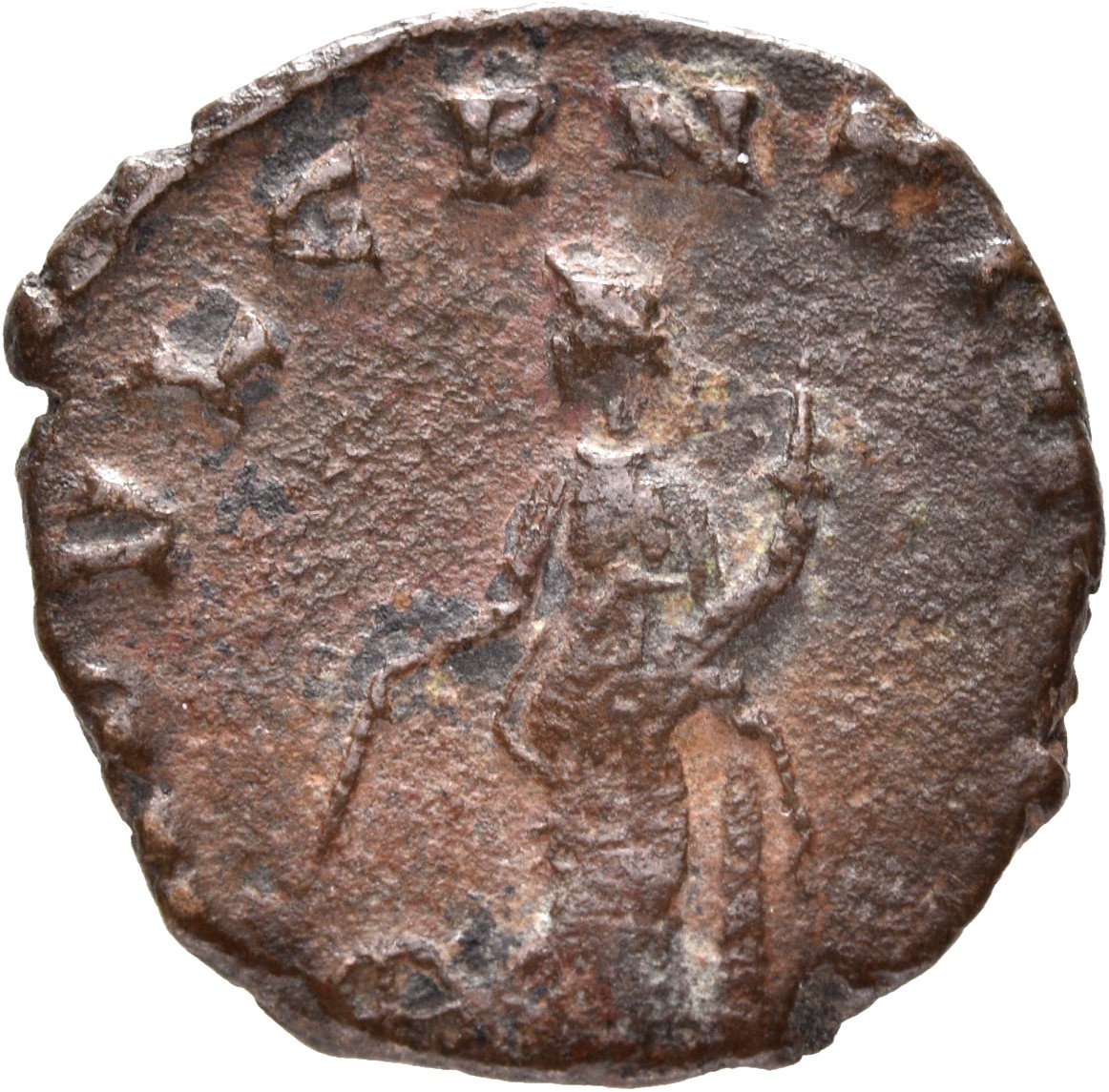 RIC V Gallienus 206 Gallienus reverse, Indulgentia, draped, legs crossed, leaning on column, holding baton in right hand a...