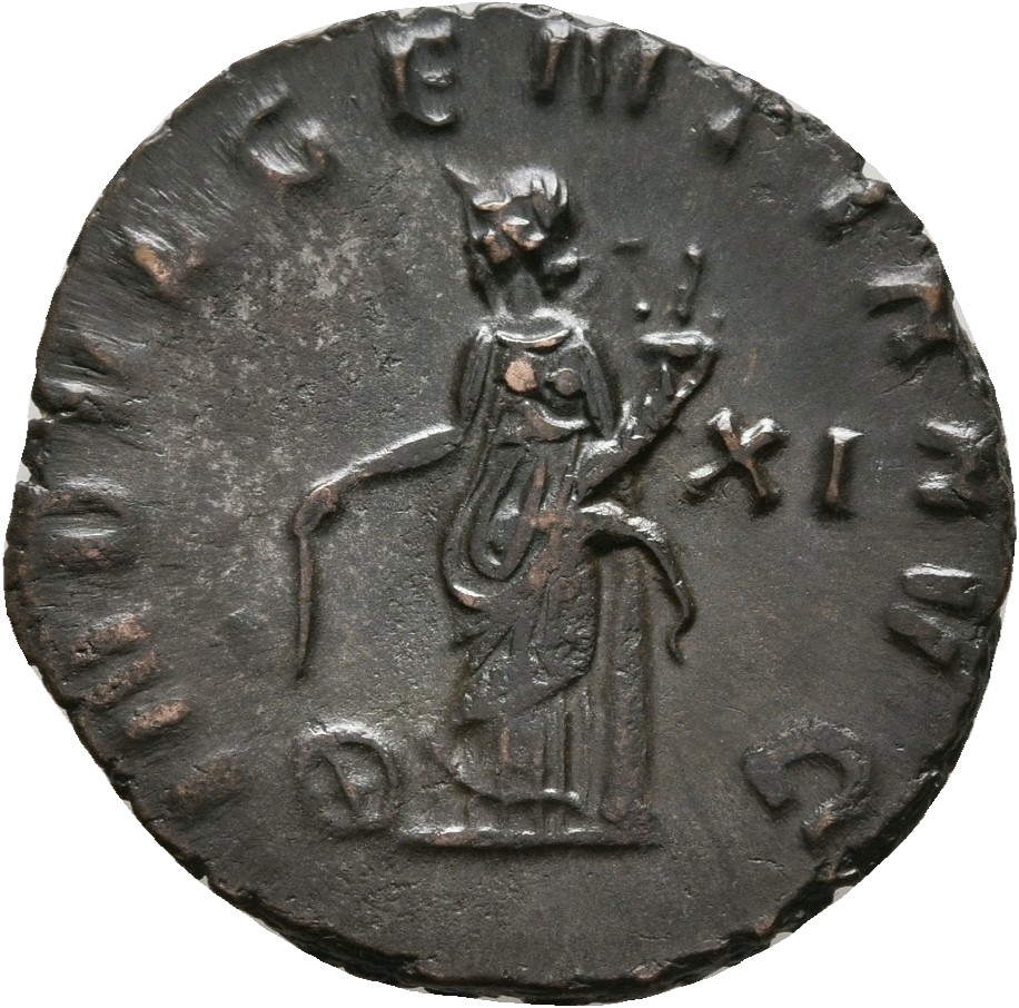 RIC V Gallienus 206k: Subtype 2 Gallienus reverse, Indulgentia, draped, legs crossed, leaning on column, holding baton in ...