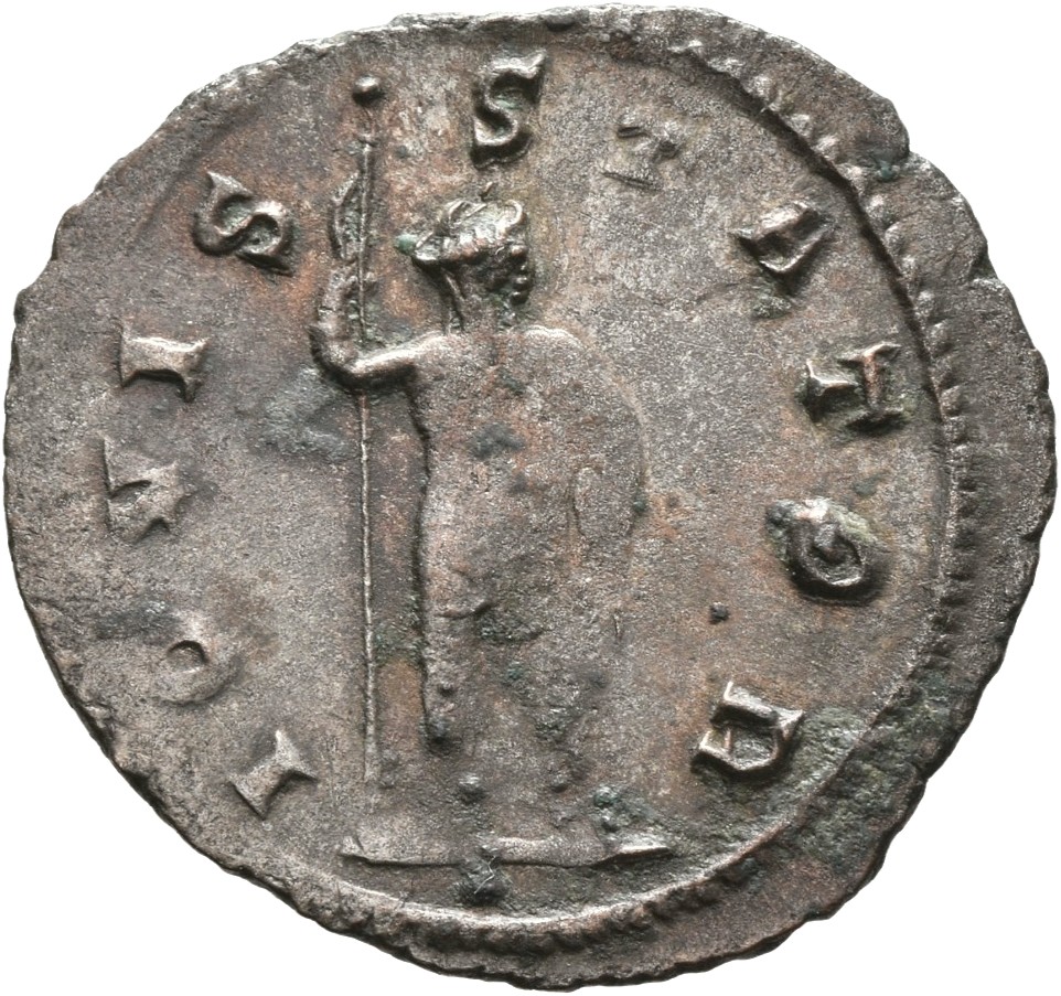 RIC V Gallienus 216f: Subtype 1 Gallienus reverse, Jupiter, nude, standing, holding sceptre in right hand and thunderbolt ...
