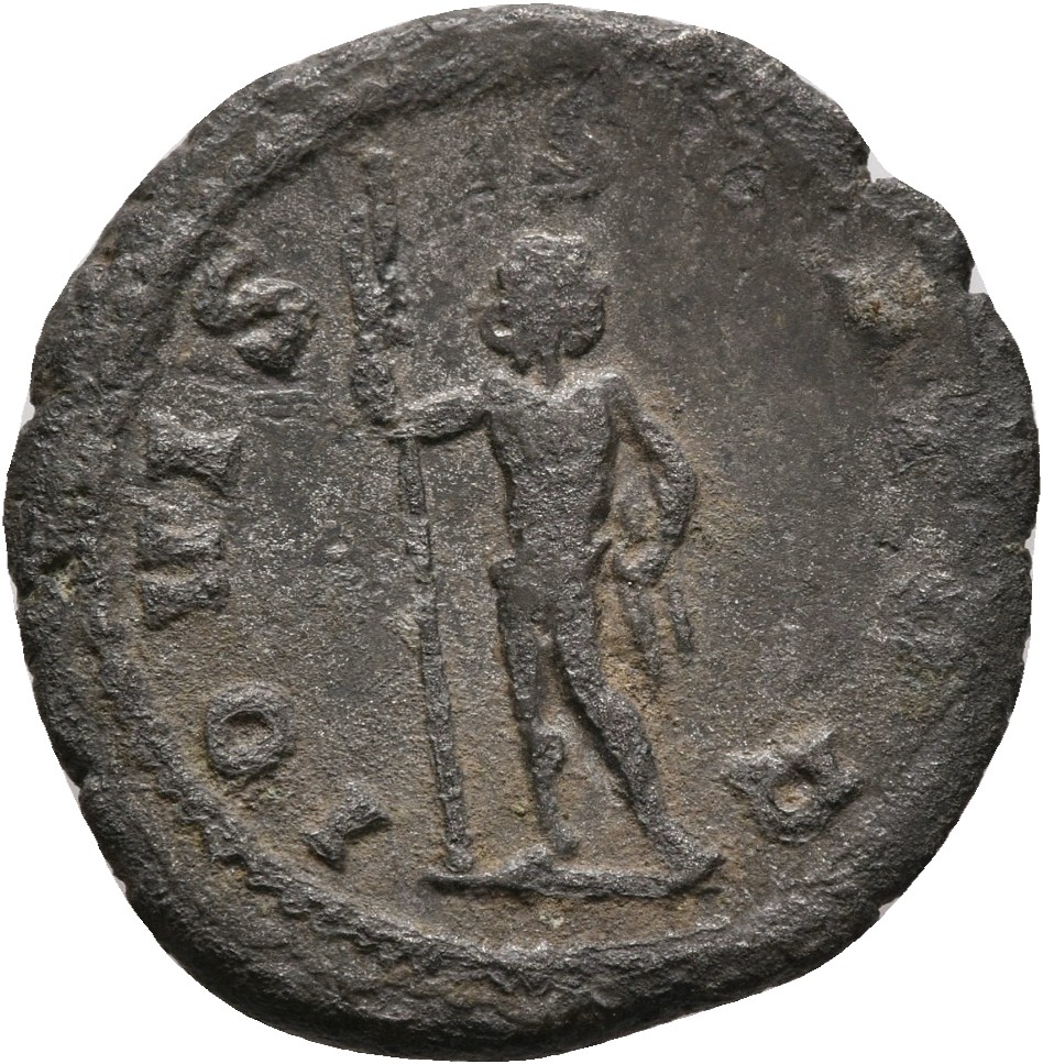 RIC V Gallienus 216f: Subtype 1 Gallienus reverse, Jupiter, nude, standing, holding sceptre in right hand and thunderbolt ...