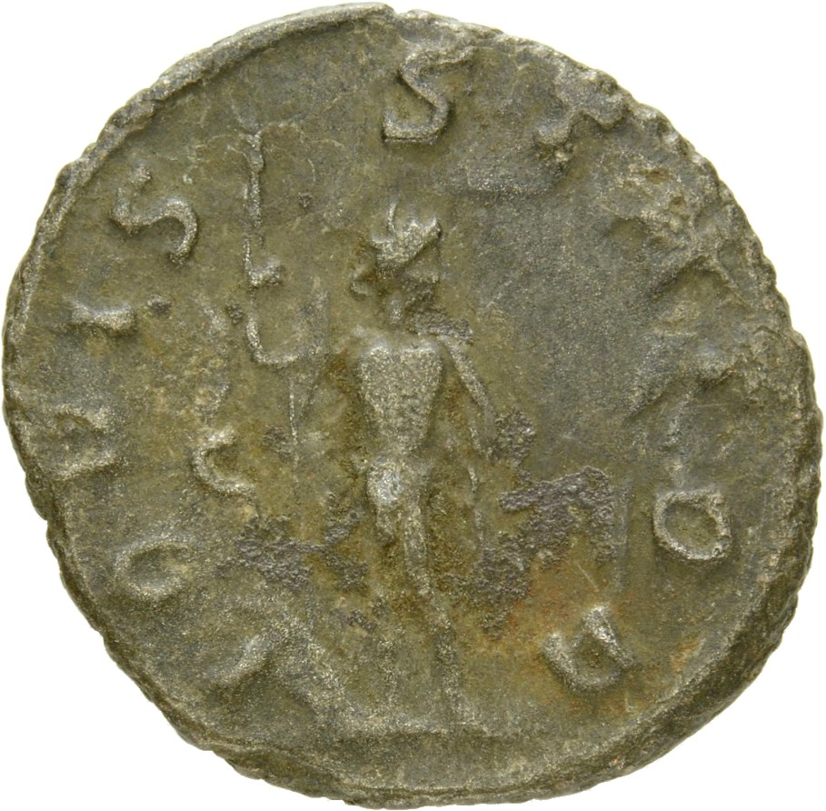 RIC V Gallienus 216k: Subtype 2 Gallienus reverse, Jupiter, nude, standing, holding sceptre in right hand and thunderbolt ...