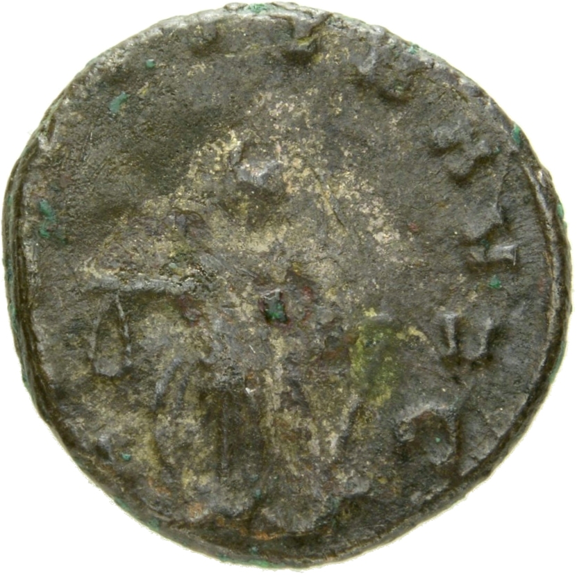 RIC V Gallienus 226f: Subtype 3 Gallienus reverse, Laetitia, draped, standing left, holding wreath in right hand and ancho...