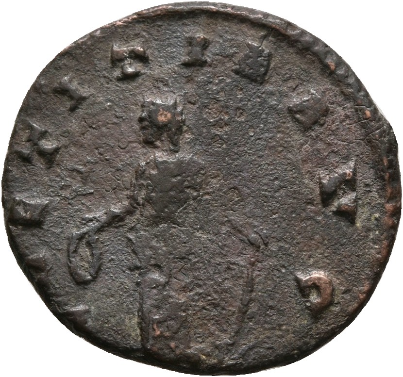 RIC V Gallienus 226f Gallienus reverse, Laetitia, draped, standing left, holding wreath in right hand and anchor in left hand