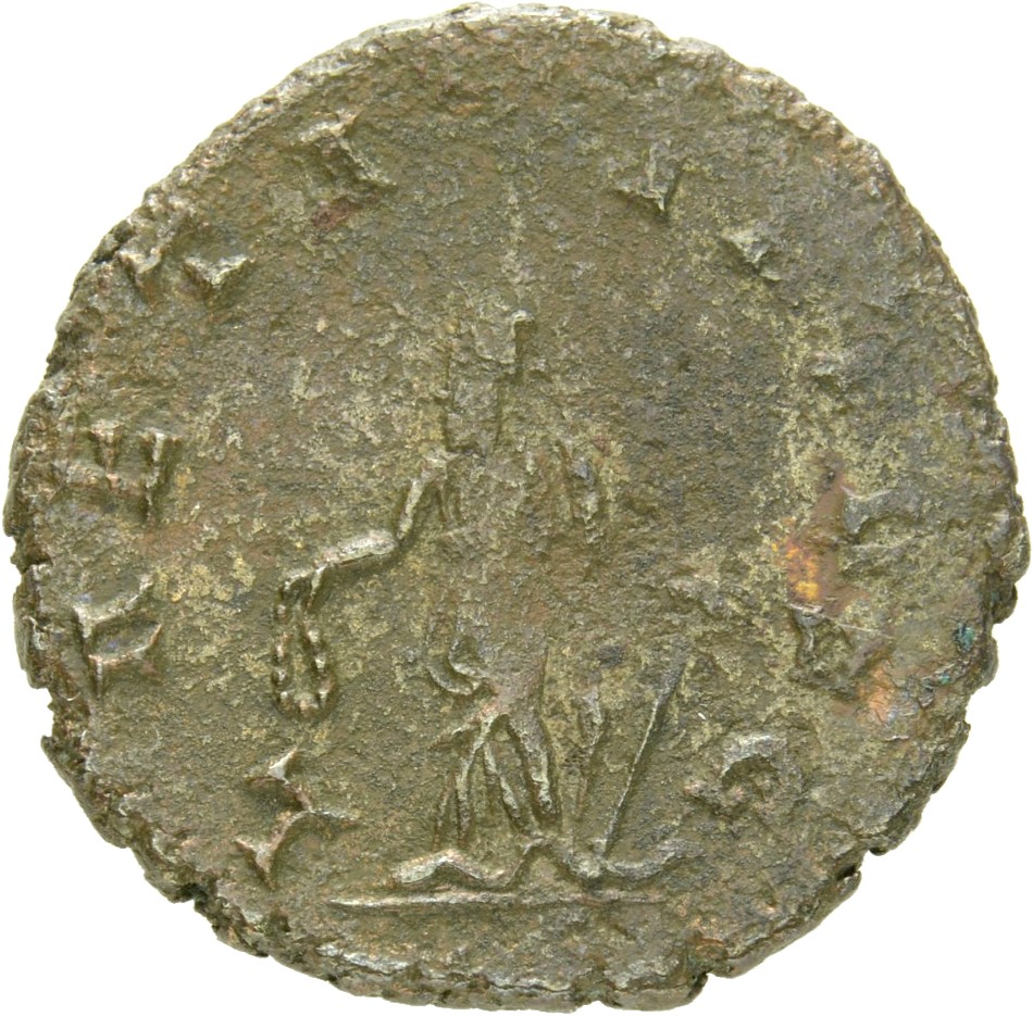 RIC V Gallienus 226k Gallienus reverse, Laetitia, draped, standing left, holding wreath in right hand and anchor in left hand