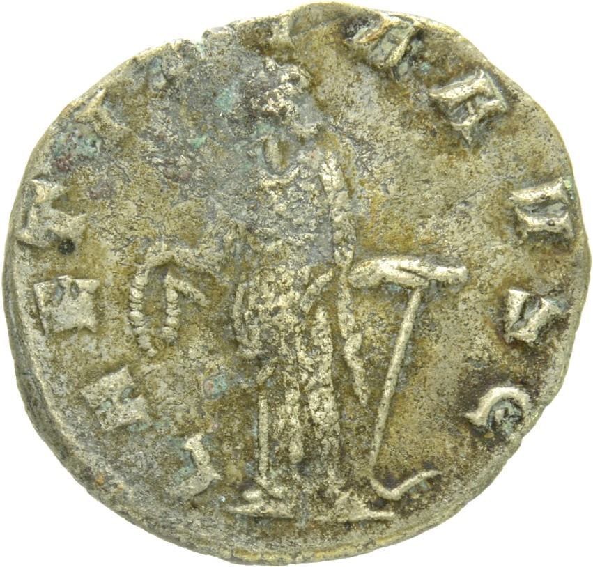 RIC V Gallienus 226k Gallienus reverse, Laetitia, draped, standing left, holding wreath in right hand and anchor in left hand
