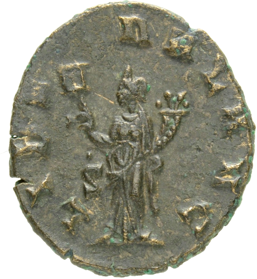Gallienus reverse — Liberalitas, draped, standing left, holding tessera in right hand and cornucopiae in left hand