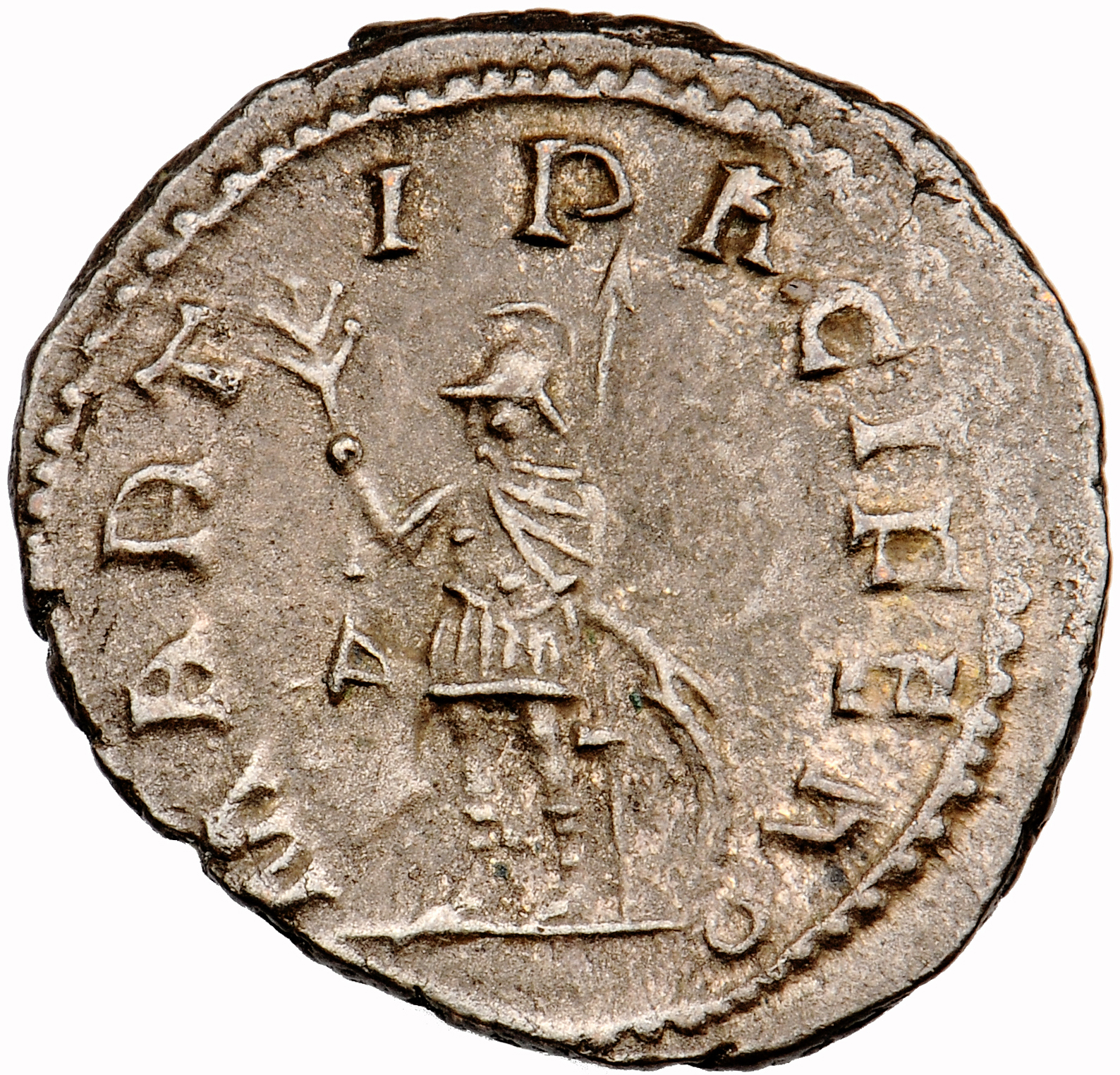 RIC V Gallienus 236 Gallienus reverse, Mars, helmeted, in military attire, standing or walking left, holding olive-branch ...