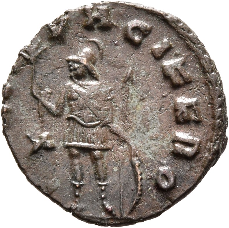 RIC V Gallienus 236k Gallienus reverse, Mars, helmeted, in military attire, standing or walking left, holding olive-branch...