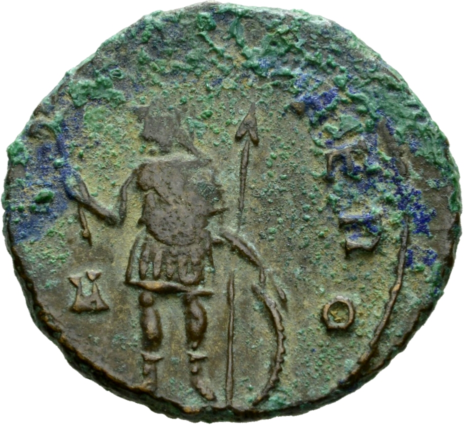Gallienus reverse — Mars, helmeted, in military attire, standing or walking left, holding olive-branch in right hand and spear and shield in left hand