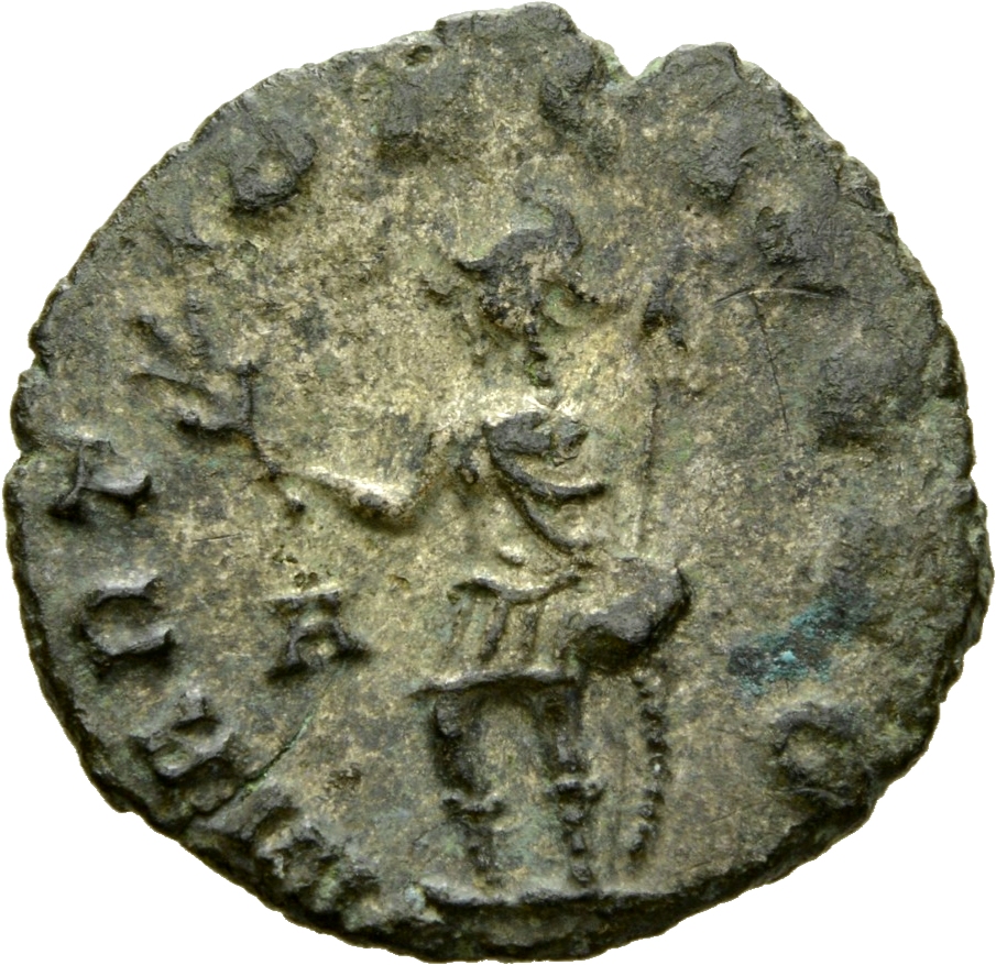 RIC V Gallienus 236kB: Subtype 3 Gallienus reverse, Mars, helmeted, in military attire, standing or walking left, holding ...