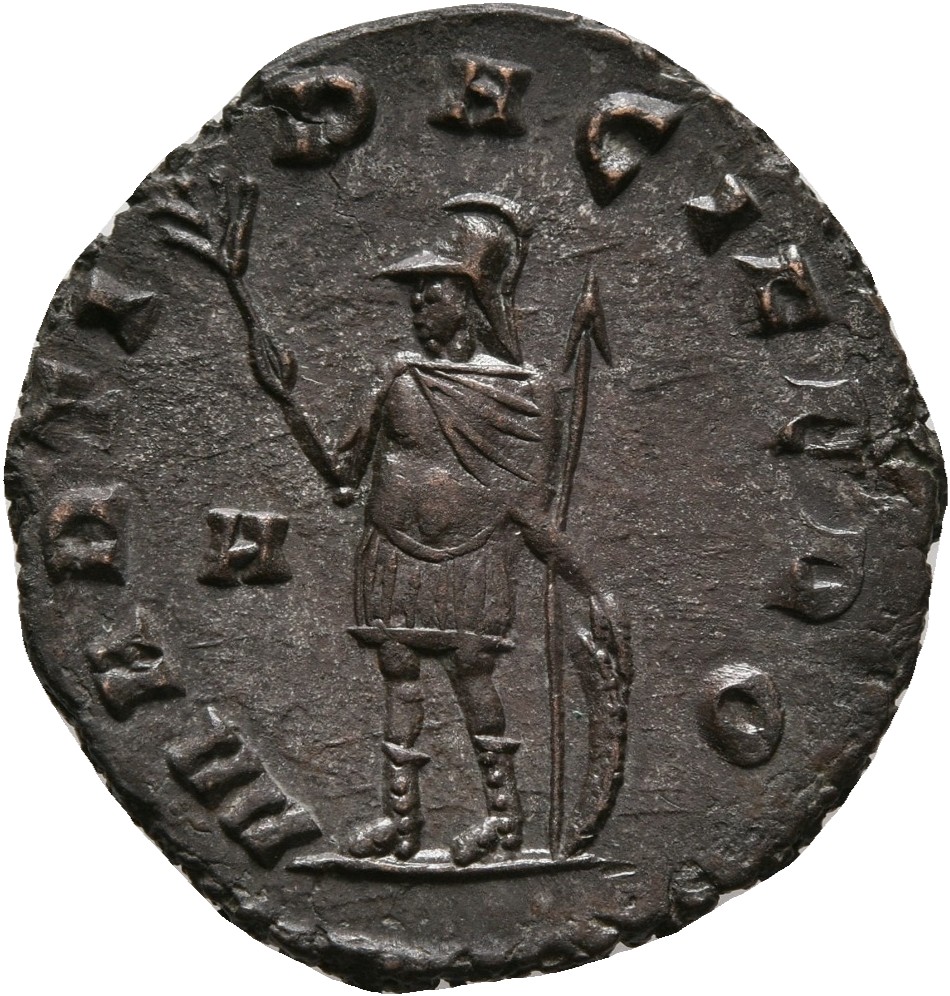 RIC V Gallienus 236kB: Subtype 3 Gallienus reverse, Mars, helmeted, in military attire, standing or walking left, holding ...