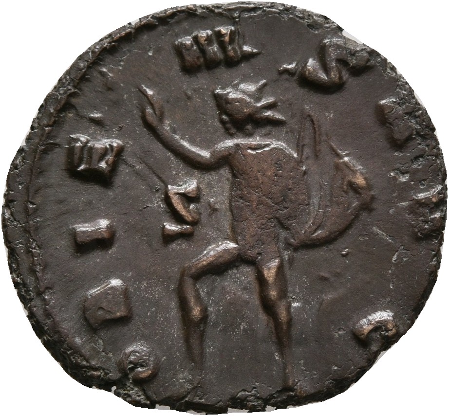 RIC V Gallienus 249k: Subtype 3 Gallienus reverse, Sol, radiate, nude except for cloak draped around shoulders, walking or...