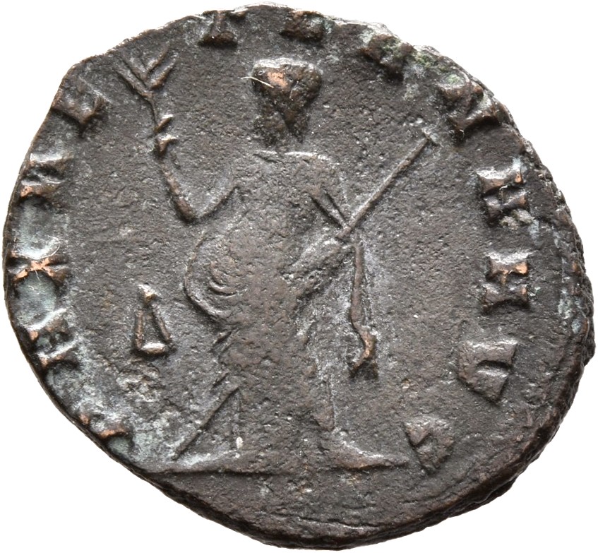 RIC V Gallienus 252: Subtype 2 Gallienus reverse, Pax, draped, standing left, holding olive-branch in right hand and scept...