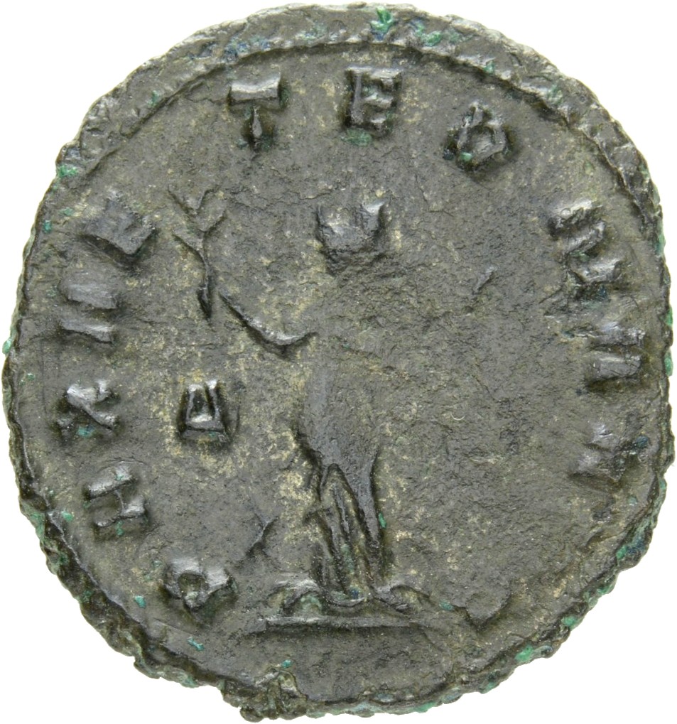 Gallienus reverse — Pax, draped, standing left, holding olive-branch in right hand and sceptre in left hand