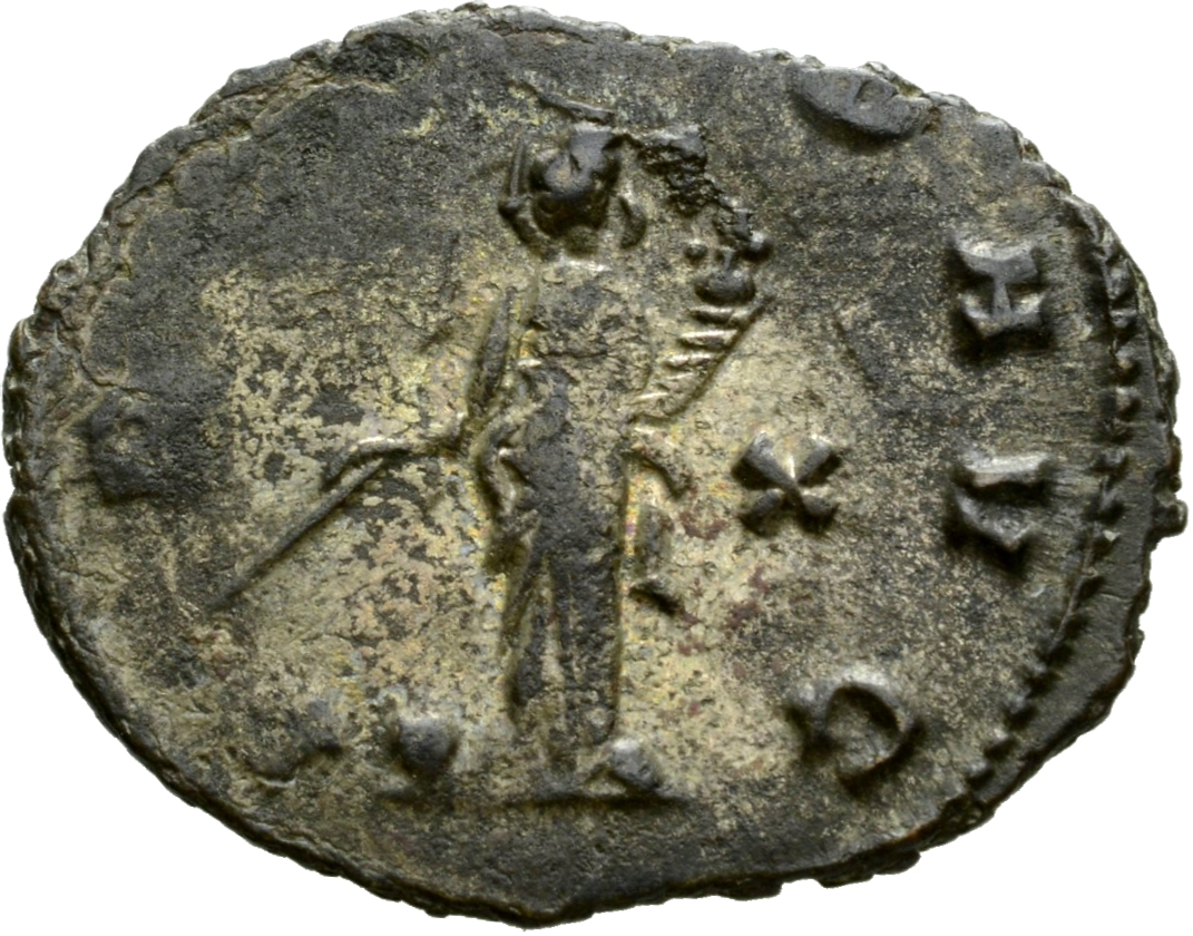 Gallienus reverse — Providentia, draped, standing left, holding baton in right hand and cornucopiae in left hand; at her feet, globe