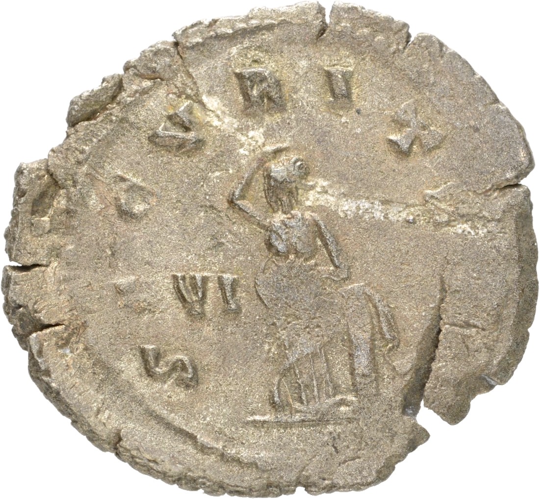 Gallienus reverse — Securitas, draped, standing left, legs crossed, leaning on column, raising right hand to head
