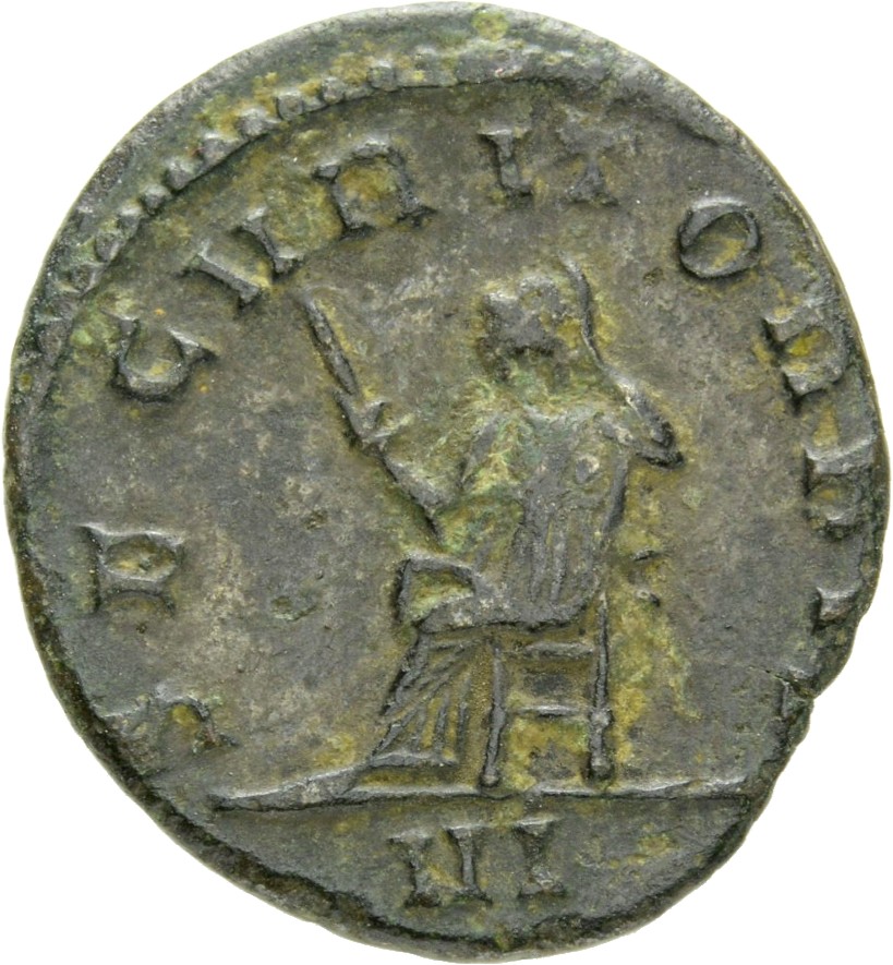 Gallienus reverse — Securitas, draped, seated left, raising right hand to head and holding sceptre in left hand