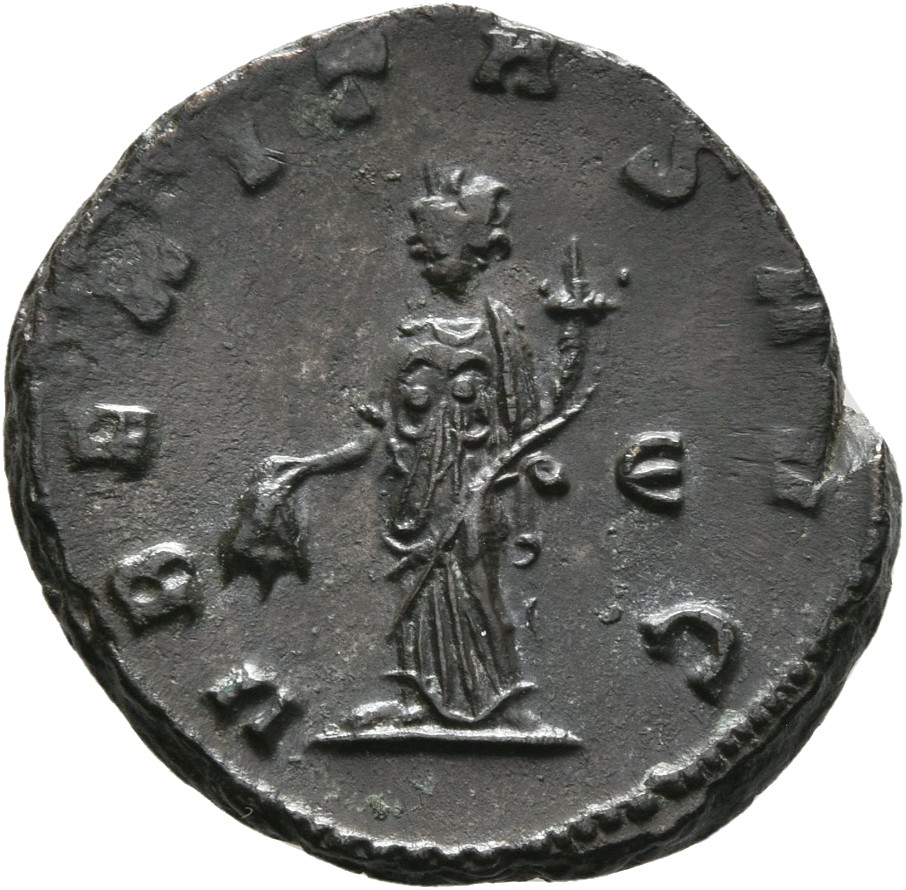 RIC V Gallienus 287 Gallienus reverse, Uberitas, draped, standing left, holding purse in right hand and cornucopiae in lef...